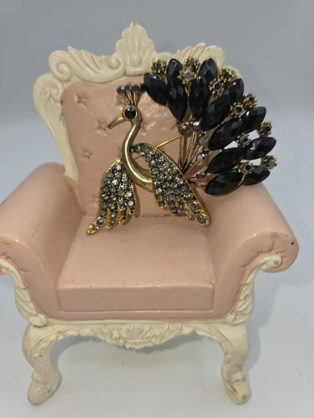 Gold-Tone Peacock Brooch With Rhinestone Wings & Black Gemstone Tail Feathers